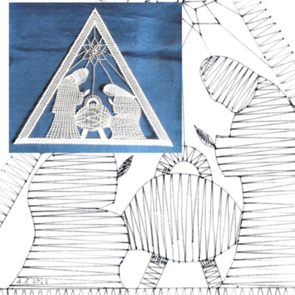 Klöppelbrief Krippe für LED-Dreieck 35cm