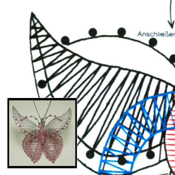 Klöppelbrief Brosche, Halskette, Haarschmuck