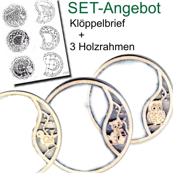 Klöppelbrief + 3 Holzringe mit Motiv